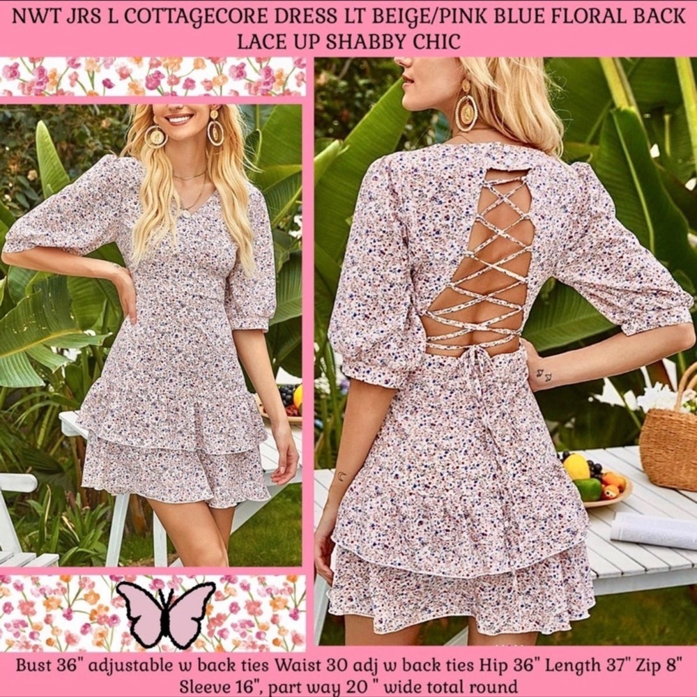 NWT JRS L COTTAGECORE TIERED DRESS LT BEIGE/PINK BLUE FLORAL BACK LACE UP